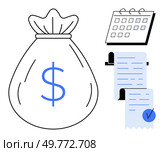 Large money bag with dollar symbol a calendar and two receipts with a checkmark. Ideal for themes such as financial management budget planning expenses savings and accounting in minimalist vector art. Financial Planning with Money Bag Calendar and Receipts in Minimalist Style. Стоковая иллюстрация, агентство Ingram Publishing / Фотобанк Лори