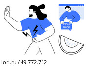 Woman turning away with an outstretched hand suggesting rejection part of her shirt depicting a lightning bolt symbol, a man in a web window holding a sign saying cash back and a slice of citrus. Woman Rejecting Cashback Offer from Online Advertisement and Turning Away Quickly. Стоковая иллюстрация, агентство Ingram Publishing / Фотобанк Лори