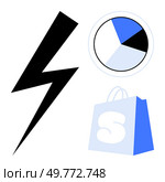 Black lightning bolt, blue and white pie chart, blue and white shopping bag positioned on white background. Ideal for business, e-commerce, marketing, data analysis, graphic design. Modern, clean. Black Lightning Bolt with Blue Pie Chart and Shopping Bag in Minimalist Vector Art. Стоковая иллюстрация, агентство Ingram Publishing / Фотобанк Лори