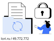 File folder with a document, circular sync arrows, a padlock, and person pointing up. Ideal for data organization, security, document management, synchronization, technology. Clean, modern. Data Management and Security with Document Syncing and Protection. Стоковая иллюстрация, агентство Ingram Publishing / Фотобанк Лори