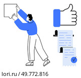 Person placing a frame on wall, next to thumbs-up sign and signed document. Ideal for project approval, quality assurance, completion, achievement, positive feedback. Simplistic vector art style. Person Hanging Picture Next to Thumbs Up and Approved Document. Стоковая иллюстрация, агентство Ingram Publishing / Фотобанк Лори
