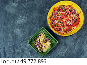Nutritious salad made from a mixture of sprouted alfalfa, beans, red radish with pomegranate seeds. Copy space.. Sprouts and pomegranate salad. Стоковое фото, агентство Ingram Publishing / Фотобанк Лори