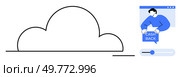 Cloud outline with a person in a web browser holding a cashback sign. Blue and white colours dominate. Ideal for technology, online services, customer rewards, digital payments, financial benefits. Cloud Outline with Person Providing Cashback Offer in Web Browser. Стоковая иллюстрация, агентство Ingram Publishing / Фотобанк Лори