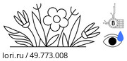 Simple black and white floral drawing with a central flower surrounded by leaves. To the side a Bitcoin symbol is integrated with circuitry and a minimalistic eye with a blue teardrop. Ideal for. Simplistic Vector Art of Flowers with Bitcoin Symbol and Eye with Teardrop Illustration. Стоковая иллюстрация, агентство Ingram Publishing / Фотобанк Лори