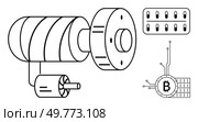 A schematic representation of a mining machine connected to a control panel and a Bitcoin symbol integrated with circuit elements. Ideal for technology, cryptocurrency, blockchain, mining processes. Blockchain Mining Symbolized in a Simplistic Mechanical Vector Illustration. Стоковая иллюстрация, агентство Ingram Publishing / Фотобанк Лори