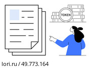 A person pointing towards stacked tokens and documents. Ideal for topics on blockchain, digital finance, tokens, business analysis, and cryptocurrency. Minimalist style. Token-Based Systems and Documentation Analyzing Digital Transactions in Simplistic Style. Стоковая иллюстрация, агентство Ingram Publishing / Фотобанк Лори