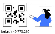 Woman pointing at a black and white QR code. Simple geometric design with minimalistic, modern elements. Ideal for technology, digital marketing, online payments, mobile applications, and modern. Woman Pointing at QR Code with Simple Geometric Design and Black and White Elements. Стоковая иллюстрация, агентство Ingram Publishing / Фотобанк Лори