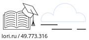 Open book with a graduation cap beside an abstract cloud shape with horizontal lines underneath. Ideal for education, graduation, e-learning, knowledge sharing, academic achievement concepts. Simple. Open Book with Graduation Cap and Abstract Cloud Shape Design. Стоковая иллюстрация, агентство Ingram Publishing / Фотобанк Лори