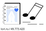 Notebook with prayer hands and blue heart, beside musical notes. Ideal for faith, music, journaling, spirituality, worship. Clean, minimalistic style. Prayer Journal with Blue Heart Next to Music Notes Symbol. Стоковая иллюстрация, агентство Ingram Publishing / Фотобанк Лори