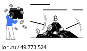 A person in a blue shirt holds an overflowing digital wallet with floating coins. Nearby, pickaxes mine coins from a rock marked with a Bitcoin symbol. Ideal for cryptocurrency, blockchain, digital. Digital Wallet Overflow and Bitcoin Mining Process Visualized in Simplistic Cartoon Style. Стоковая иллюстрация, агентство Ingram Publishing / Фотобанк Лори