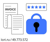 Two documents labelled invoice, a padlock symbolizing security and a five-star rating. Ideal for online payment systems, financial security, customer satisfaction, invoicing software and business. Secure Payment and Invoice Management with Customer Feedback Rating. Стоковая иллюстрация, агентство Ingram Publishing / Фотобанк Лори