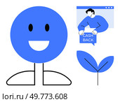 A happy blue face person, a person holding a cash back sign, and a simplified blue leaf. Ideal for financial themes, eco-friendly campaigns, customer satisfaction, digital marketing, and minimalist. Minimalist Blue and White Design with Happy Face, Cash Back, and Leaf Elements. Стоковая иллюстрация, агентство Ingram Publishing / Фотобанк Лори