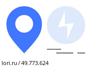 Minimalistic blue location pin next to a light blue lightning bolt icon inside a circle on a white background with black lines beneath. Ideal for navigation apps travel energy themes technology. Blue Location Pin with Lightening Bolt Icon in Circle on White Background. Стоковая иллюстрация, агентство Ingram Publishing / Фотобанк Лори