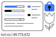 Progress bars and a data list next to a flower icon and a security lock symbol. Ideal for data visualization, security, project management, user interface design and technology aesthetics. Simplistic. Progress Bars with Data List and Security Icon Next to a Flower. Стоковая иллюстрация, агентство Ingram Publishing / Фотобанк Лори