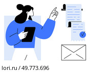 Businesswoman holding a tablet and pointing at a document while a checklist and envelope are visible beside her. Ideal for business presentations, checklists, communication, document management. Businesswoman Presenting Report with Tablet and Checklist. Стоковая иллюстрация, агентство Ingram Publishing / Фотобанк Лори