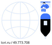 A globe symbol with a cashback sign, a person holding a reward poster, and a payment terminal. Ideal for e-commerce, global transactions, digital payments, customer incentives, financial technology. Cashback Reward System with Online Payment and Global Reach. Стоковая иллюстрация, агентство Ingram Publishing / Фотобанк Лори