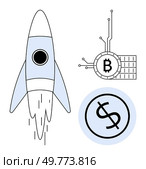 Rocket launching with a dollar symbol and Bitcoin icon emphasizes cryptocurrency growth and innovation. Ideal for finance, technology, investment, blockchain, and market trends themes. Clean. Cryptocurrency Growth Symbolized by Rocket and Bitcoin Concept. Стоковая иллюстрация, агентство Ingram Publishing / Фотобанк Лори