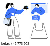 Woman holding a purse with shopping bags, online window displaying cash back, and empty shopping bag. Ideal for online shopping, e-commerce benefits, reward programs, digital transactions, consumer. Woman Shopping with Cash Back Option and Online Purchase Illustration in Modern Flat Style. Стоковая иллюстрация, агентство Ingram Publishing / Фотобанк Лори