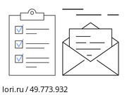 Simple vector art of a clipboard with checkmarks and an envelope with a letter. Ideal for productivity, organization, communication, task management, and business workflows. Minimalist line art style. Efficient Task Management and Communication Concept. Стоковая иллюстрация, агентство Ingram Publishing / Фотобанк Лори