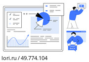 Dashboard screen displaying charts, graphs, and checklists. Features person interacting with video content and another showing cashback. Ideal for data analysis, e-commerce, marketing, finance. Data Analysis and E-Commerce Dashboard with Interactive Charts and Financial Promotions. Стоковая иллюстрация, агентство Ingram Publishing / Фотобанк Лори