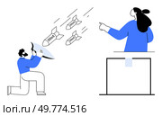 Man sounding an alarm through a megaphone with DDoS-labeled missiles attacking, another person pointing. Ideal for cyber security, online threats, information security, digital defense, technology. Cyber Security Threats Representation with DDoS Attack Concept. Стоковая иллюстрация, агентство Ingram Publishing / Фотобанк Лори