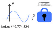 Graph with x and y-axis, blue curve, stack of books, and blue padlock symbolize data security in academic environments. Ideal for education, cybersecurity, data analysis, academic research. Academic Data Security with Graph, Books, and Padlock. Стоковая иллюстрация, агентство Ingram Publishing / Фотобанк Лори