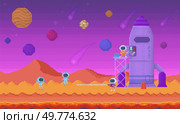 Futuristic scene with astronauts exploring an alien planets surface. Background features planets, comets, and a rocket. Ideal for sci-fi, outer space exploration, video games, technology, futuristic. Futuristic Space Station on Colorful Alien Planet with Astronauts and Spacecraft. Стоковая иллюстрация, агентство Ingram Publishing / Фотобанк Лори