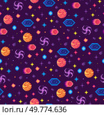 A lively and colorful space-themed pattern displaying planets comets meteors stars and galaxies on a dark purple background. Ideal for kids products educational materials sci-fi themes vibrant. Whimsical Galaxy Pattern with Planets Meteors Comets and Stars in Vibrant Colors. Стоковая иллюстрация, агентство Ingram Publishing / Фотобанк Лори