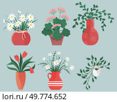 Six plants with various flowers and leaves in different vases. Ideal for home decor, gardening, floral design, interior design, and horticulture. Flat vector art style. Various Flower Arrangements in Different Vases and Pots Illustrate Floral Beauty. Стоковая иллюстрация, агентство Ingram Publishing / Фотобанк Лори