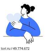 A woman with a bun hairstyle in a blue sweater holding a heart shape close to her chest. Ideal for concepts of care, affection, empathy, emotional support, and kindness. Valentine day. Woman Holding Heart Shape Symbolizing Care and Affection. Стоковая иллюстрация, агентство Ingram Publishing / Фотобанк Лори