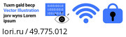 Three icons represent digital security themes. One icon has binary code with an eye, another depicts a wireless signal, and the third shows a secure lock. Ideal for cybersecurity, data privacy. Digital Security and Data Privacy Icons with wireless, Lock, Eye, and Binary Code in Blue Colour Scheme. Стоковая иллюстрация, агентство Ingram Publishing / Фотобанк Лори