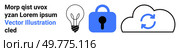 Three simple icons show a glowing lightbulb a blue lock and a cloud with a sync arrow. Ideal for security innovation ideas cloud technology and web design. Banner for landing page. Bright Lightbulb Lock and Cloud Sync Surrounded by Placeholder Text. Ideal for Web Design Technology and Cloud Security. Стоковая иллюстрация, агентство Ingram Publishing / Фотобанк Лори