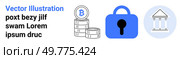 Stack of Bitcoin coins, a blue padlock with a keyhole, and a traditional bank building symbolize digital banking security and cryptocurrency protection. Ideal for finance, security, fintech, banking. Digital Banking Security and Cryptocurrency Protection with Bitcoin and Lock Symbols. Стоковая иллюстрация, агентство Ingram Publishing / Фотобанк Лори