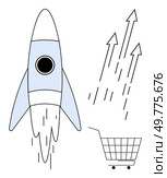 Rocket launching upward next to a shopping cart with ascending arrows symbolizing growth. Ideal for e-commerce growth, business acceleration, online retail, startups, and innovation. Minimalist. Rocket Launching Next to Shopping Cart with Arrows Illustrating Growth in E-commerce. Стоковая иллюстрация, агентство Ingram Publishing / Фотобанк Лори