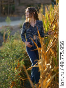 A young woman stands in a golden cornfield, elegantly posing while radiating a tranquil and serene countryside aura among the vibrant and lush greenery that surrounds her beautifully. A Young Woman Standing Gracefully Amidst a Lush Golden Cornfield Bathed in Bright Sunlight. Стоковое фото, агентство Ingram Publishing / Фотобанк Лори