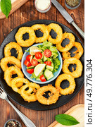 Fried squids or octopus (calamari) with fresh vegetable salad.. Battered squid rings on plate. Стоковое фото, агентство Ingram Publishing / Фотобанк Лори