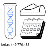 DNA double helix in test tube, shoes, and spiral-bound calendar. Ideal for scientific research, genetics studies, health planning, laboratory schedules, time management, physical activity planning. DNA test tube, calendar, and shoes symbolizing scientific research and organizational planning. Стоковая иллюстрация, агентство Ingram Publishing / Фотобанк Лори