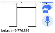 Minimalist desk with a blue Cashback notification and a blue microphone icon Ideal, for productivity remote work online shopping digital communication home office setups. Workspace Setup with Cashback Notification and Microphone Icon for Work from Home. Стоковая иллюстрация, агентство Ingram Publishing / Фотобанк Лори