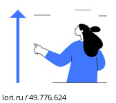 A woman points towards a blue upward arrow, symbolizing growth and direction. Ideal for business development, career progression, motivation, success, and leadership themes. Minimalist, modern, clean. Woman Pointing Upwards Towards Arrow Symbolizing Growth and Direction. Стоковая иллюстрация, агентство Ingram Publishing / Фотобанк Лори