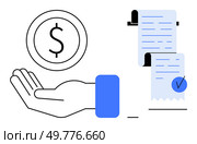 Hand holding a dollar coin alongside a transaction receipt indicating paid status Ideal for, finance business accounting transactions payment processing bookkeeping vector minimalistic blue black white. Financial Management and Transaction Process with Payment Receipts and Money Icon. Стоковая иллюстрация, агентство Ingram Publishing / Фотобанк Лори