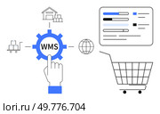 Hand pointing to WMS icon, connected icons showing warehouse, cart, globe, and digital interface. Ideal for logistics, inventory management, ecommerce, supply chain, process improvement. Flat. Warehouse Management System with Digital Interface for Efficient Inventory and Ecommerce Management. Стоковая иллюстрация, агентство Ingram Publishing / Фотобанк Лори