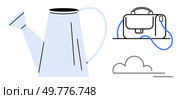 Watering can positioned on the left, briefcase on a shelf to the right, and a cloud below. Ideal for gardening, office life, outdoor activities, minimalist art, environmental themes, modern home. Watering Can, Briefcase on Shelf, and Cloud Elements with Minimalist Art Design. Стоковая иллюстрация, агентство Ingram Publishing / Фотобанк Лори