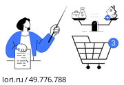 Person holding pointer and document, explaining balance of assets, shopping cart with 3 items. Ideal for financial planning, investment advice, shopping management, budgeting, decision-making. Financial advisor explaining investment options, balance between assets, and shopping cart choices. Стоковая иллюстрация, агентство Ingram Publishing / Фотобанк Лори