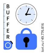 Clock indicating time management, tape measure labeled buffer showcasing measurement, and a padlock symbolizing security. Ideal for time management, project planning, cybersecurity, data protection. Buffer Management and Security Concept with Timer Lock Icon. Стоковая иллюстрация, агентство Ingram Publishing / Фотобанк Лори