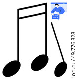 Black musical notes dominate the scene alongside a small graphic of a person with a cashback sign. Ideal for music marketing, finance, promotions, savings, advertising. Simple vector style. Musical Notes with Cashback Concept in Simple Vector Art. Стоковая иллюстрация, агентство Ingram Publishing / Фотобанк Лори