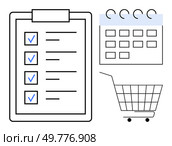 Clipart of a checklist with checkmarks, a calendar, and a shopping cart. Ideal for planning, scheduling, task management, productivity, and shopping organization. Simple and clean style for ease of. Organization Tools such as Calendar, Shopping Cart, and Checklist for Efficient Planning. Стоковая иллюстрация, агентство Ingram Publishing / Фотобанк Лори