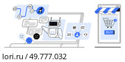 A robot interacting on a laptop with customer support tools like chat bubbles, workflow charts, emotions, and a shopping cart on a smartphone screen. Ideal for AI customer support, e-commerce. AI-Powered Customer Support and E-commerce Integration for Enhanced User Experience. Стоковая иллюстрация, агентство Ingram Publishing / Фотобанк Лори