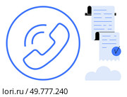 Phone call symbol in a circle beside a clipboard with bill and checklist, placed over clouds. Ideal for business communication, customer service, financial management, invoicing, and organization. Phone Call Icon with Bill on Clipboard and Checklist Ideal for Financial and Business Themes. Стоковая иллюстрация, агентство Ingram Publishing / Фотобанк Лори