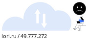 Giant cloud with up and down arrows, unhappy face icon, woman sitting with laptop. Ideal for tech stress, online depression, remote work challenge, data frustration, cloud technology, mental health. Overwhelmed Woman Analyzing Cloud Data with Sad Face Symbolizing Online Anxiety. Стоковая иллюстрация, агентство Ingram Publishing / Фотобанк Лори