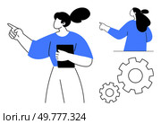 Woman holding a tablet points forward, another points right, with gears below. Ideal for business presentations, teamwork focuses, technology concepts, leadership, educational purposes. Minimalist. Female Professional Pointing in Different Directions Holding a Tablet with Gears Nearby. Стоковая иллюстрация, агентство Ingram Publishing / Фотобанк Лори